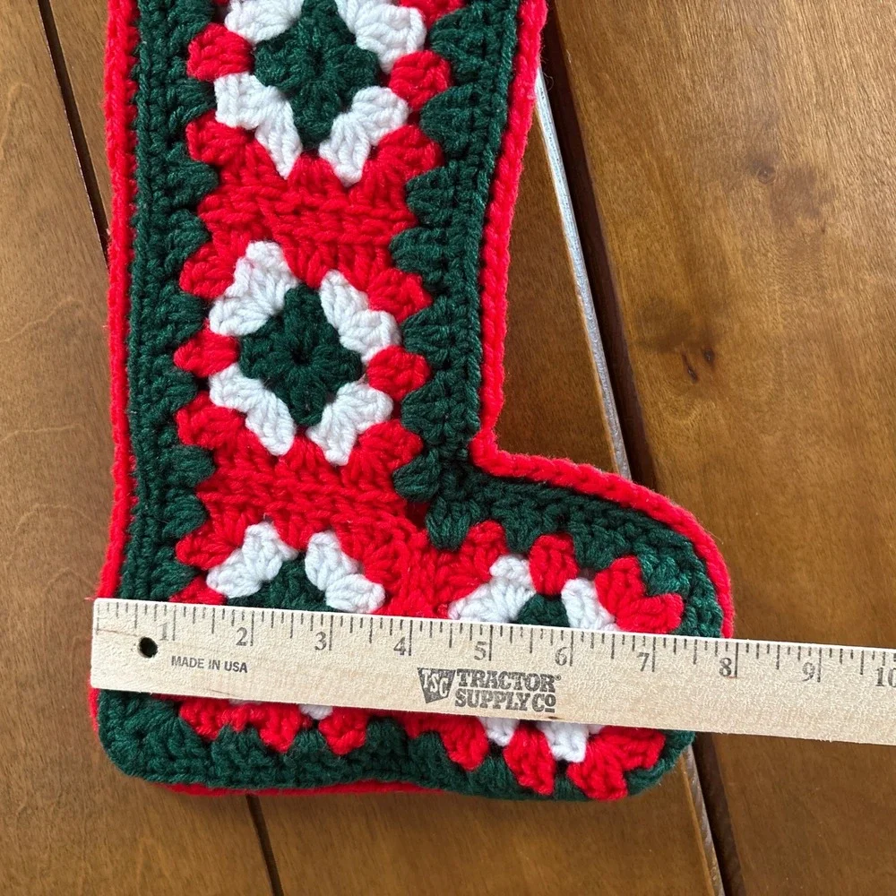 Vintage Hand Crocheted Chunky Knit Granny Squares Christmas Stocking SKINNY